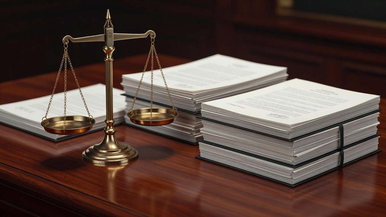 Imagen ilustrativa: balanza de la justicia y documentos sobre un escritorio profesional