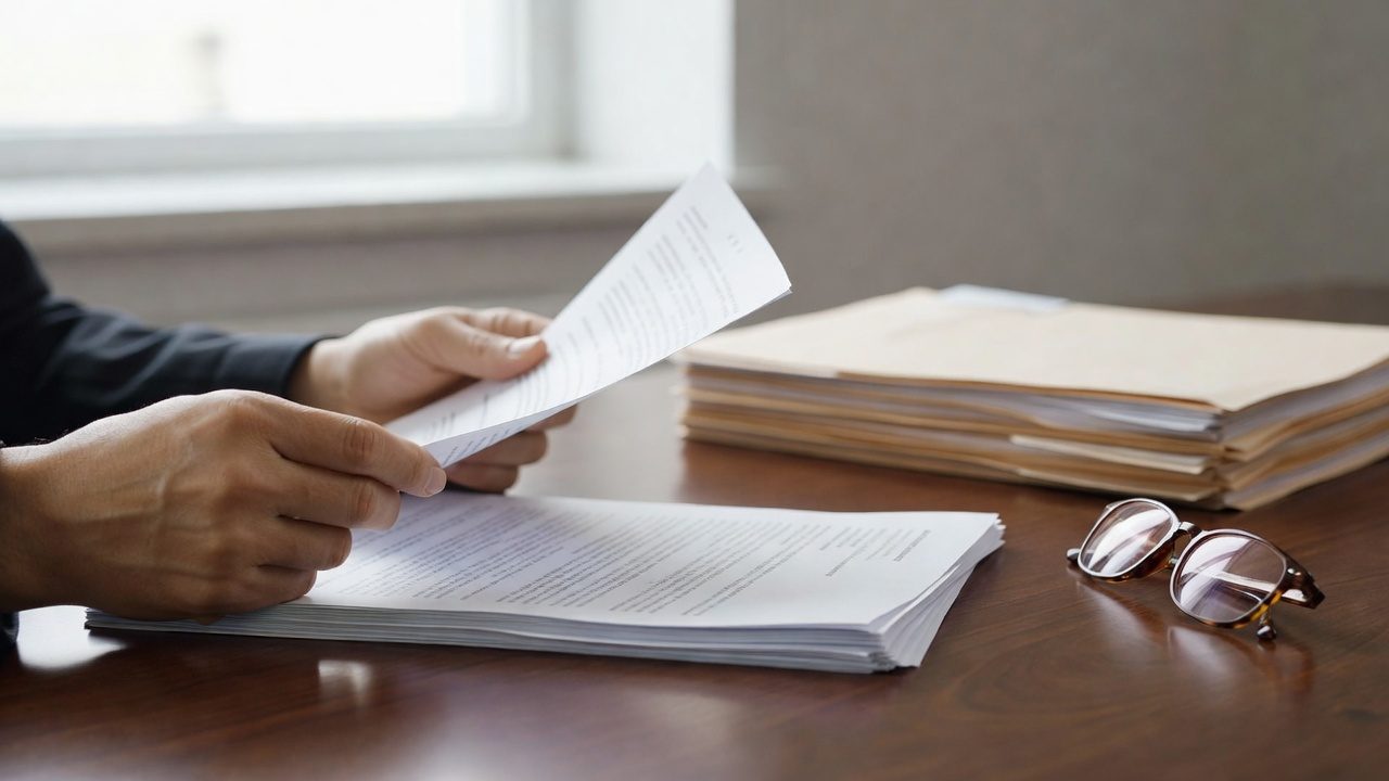Imagen ilustrativa: manos revisando documentos legales sobre un escritorio con carpetas