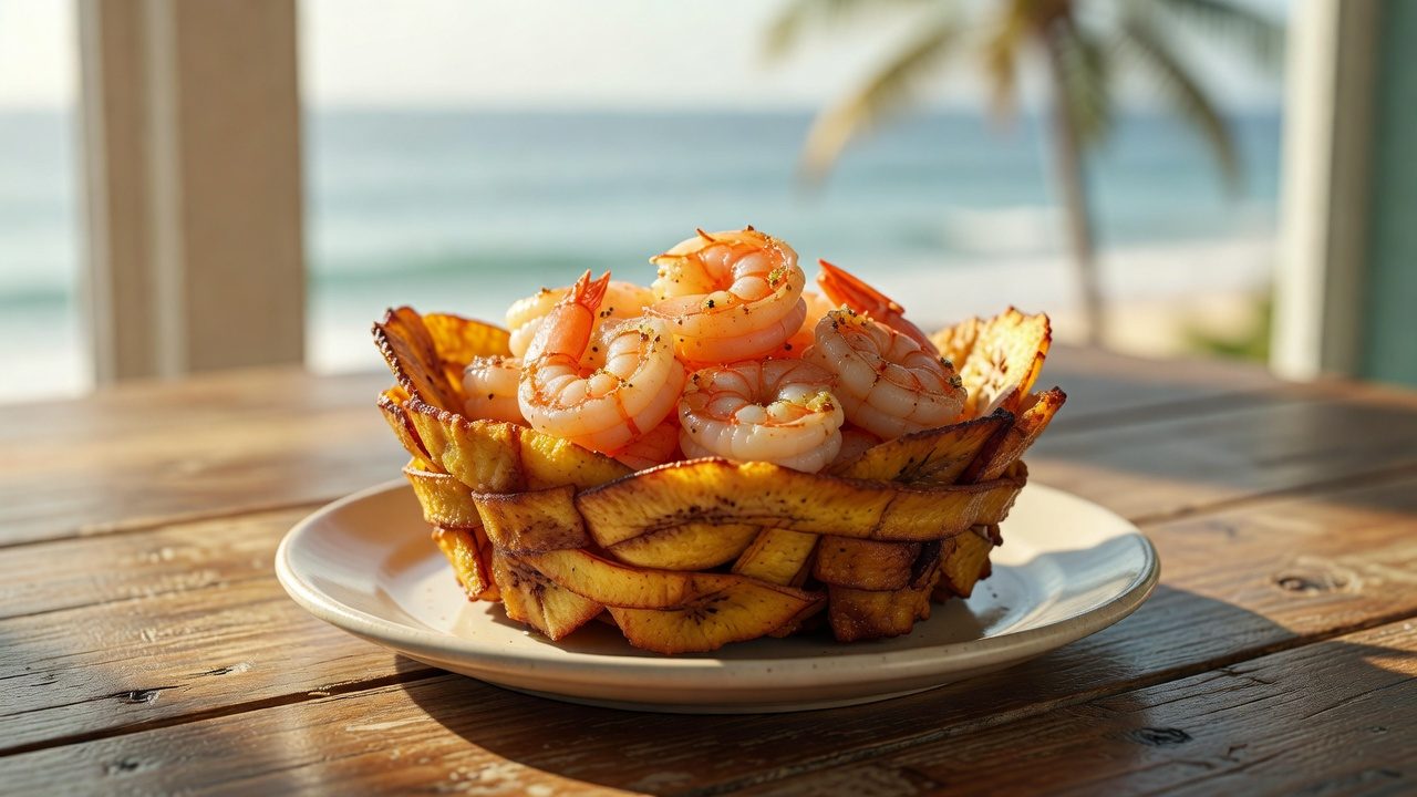 Imagen ilustrativa: canasta de plátano frito rellena de camarones sobre mesa de madera con vista al mar
