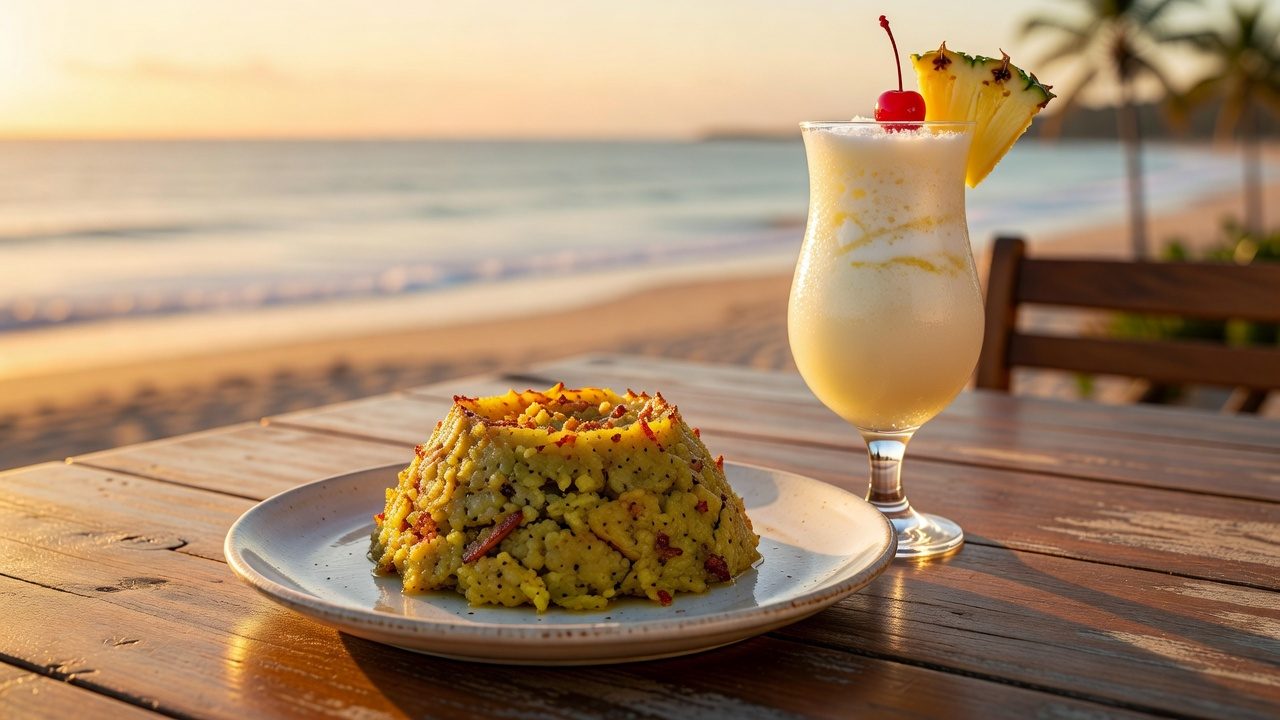 Imagen ilustrativa: mofongo y piña colada en un restaurante costero con luz de tarde
